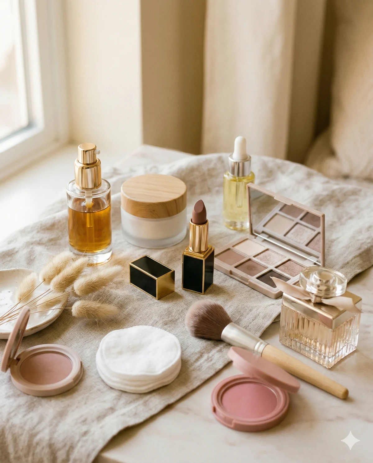 Luxury and affordable beauty products arranged together